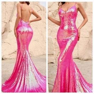 Pink Party Sequined,  Spaghetti Strap, Cami, ,  Mermaid Maxi Gown